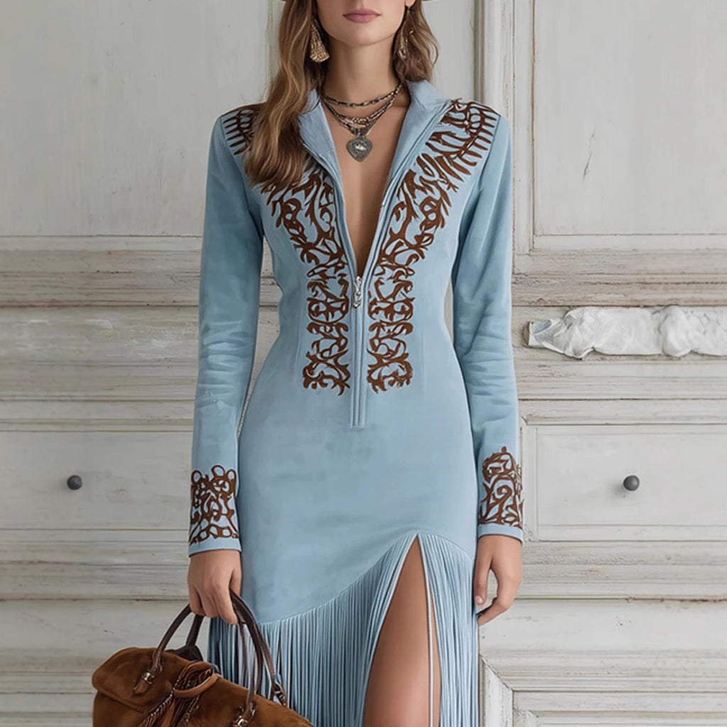 Women's Retro Zipper Dress with Fringes