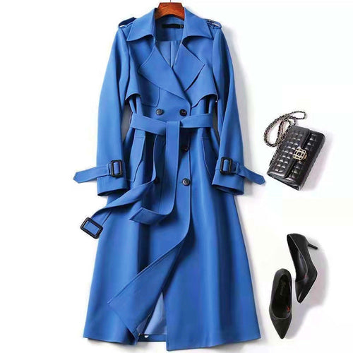 Women's Classic Trench Coat, Solid Color Long Sleeve Belted Mid-Length