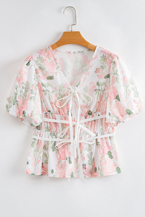 Floral Tied V-Neck Puff Sleeve Peplum Blouse