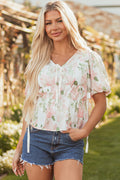 Floral Tied V-Neck Puff Sleeve Peplum Blouse