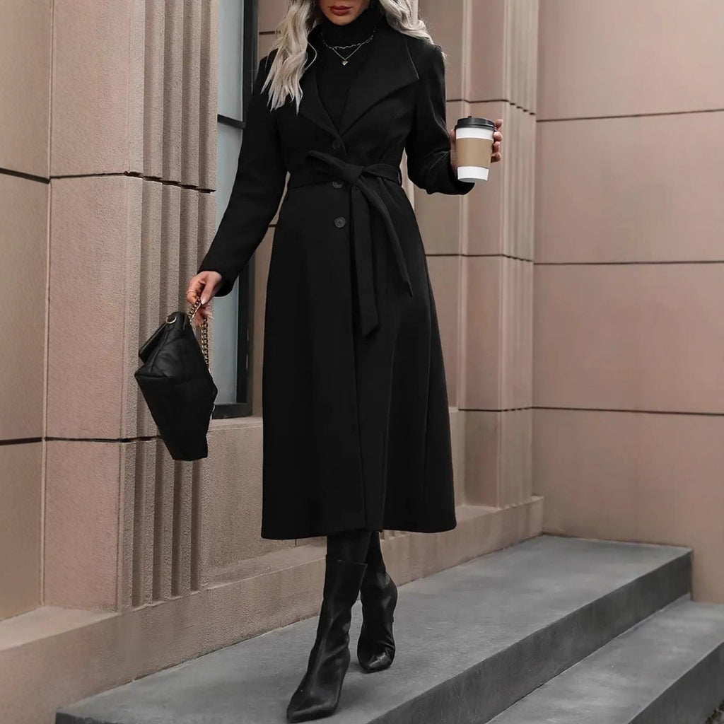Women's Black Minimalist Belted Coat