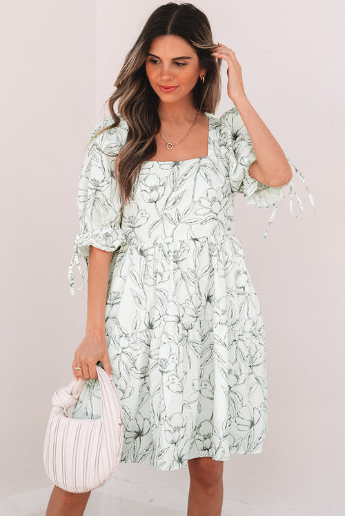 Floral Square Neck Shirred Back Mini Dress
