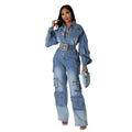 Washed And Worn Denim Jumpsuit With Pockets