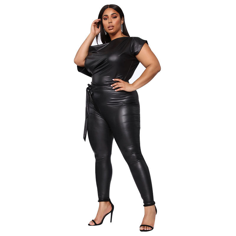 Strapless, Off the Shoulder Leather Jumpsuit
