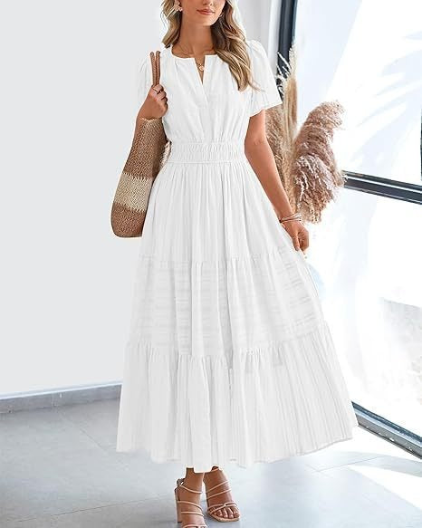 V neck Puff Sleeve Maxi Dress For Women