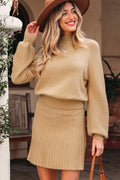 Solid High Neck Sweater and Pleated Mini Skirt Set