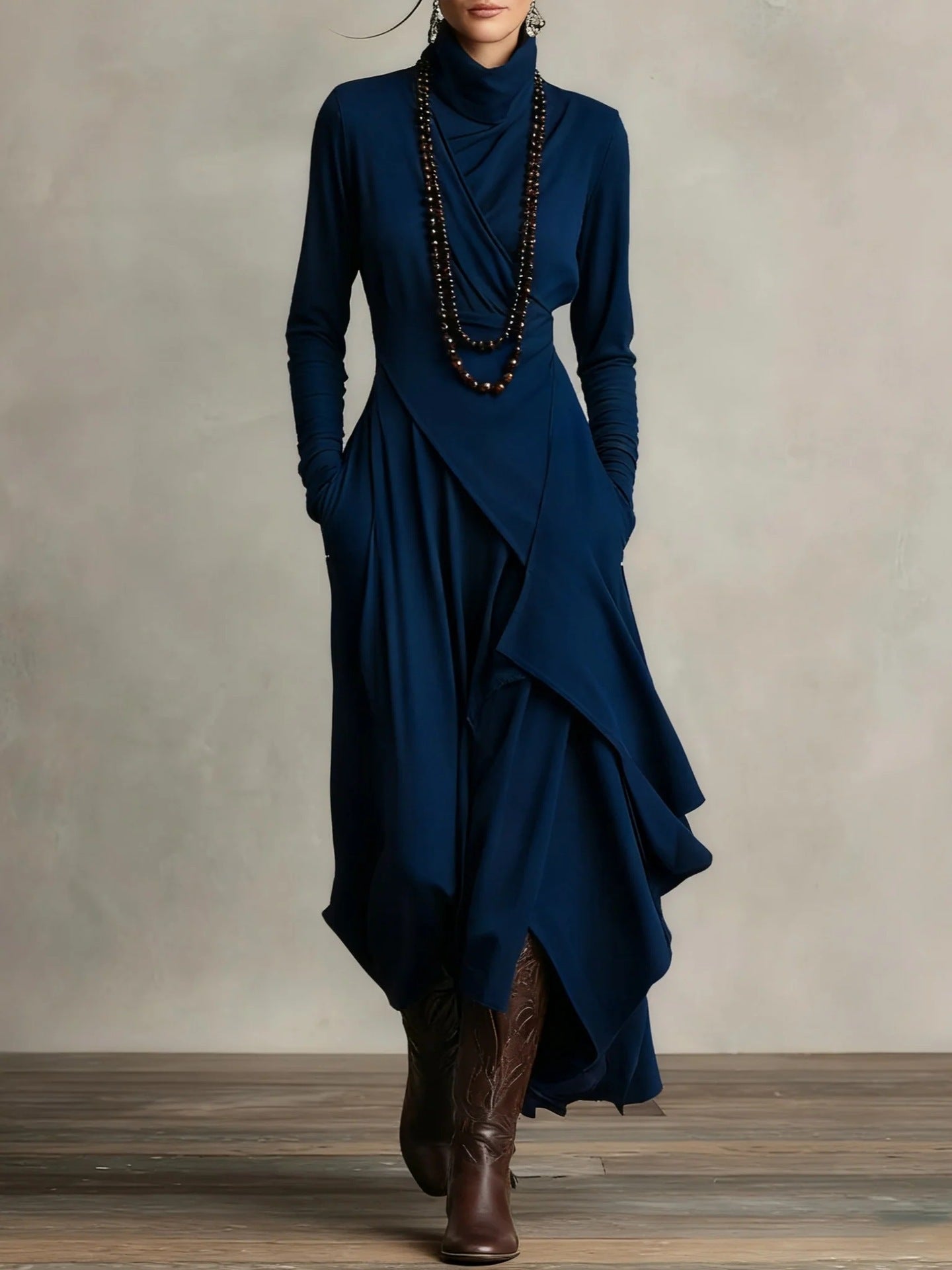 Women's Solid Colour High-Neck Dress
