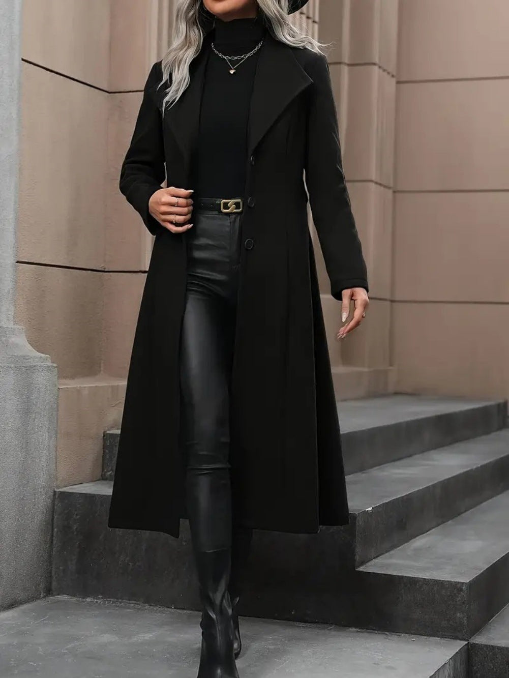 Women's Black Minimalist Belted Coat