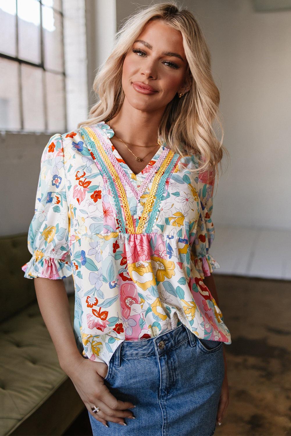 Boho Flower Half Puff Sleeve Blouse