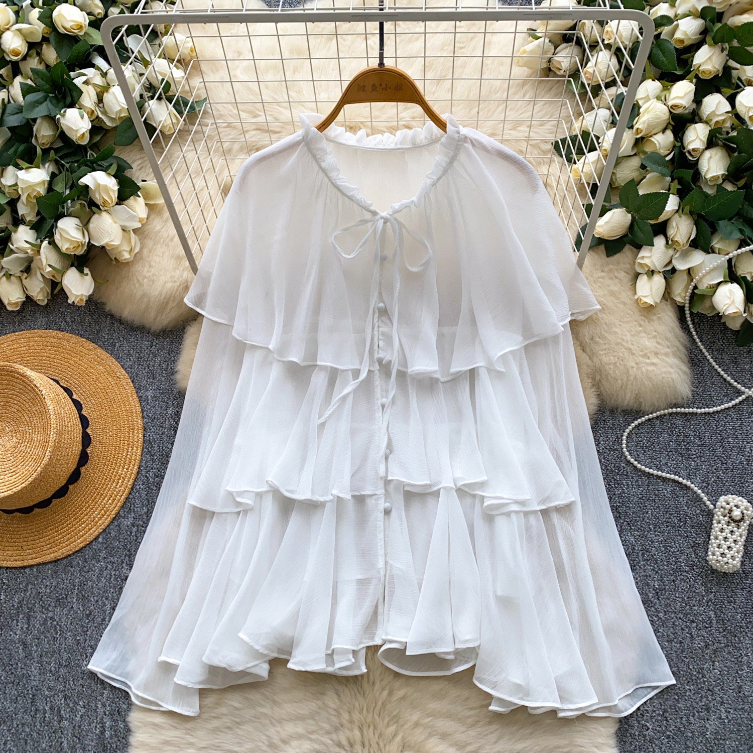 Women's Loose-Fitting Lace-Up Ruffle-Trimmed Chiffon Shirt