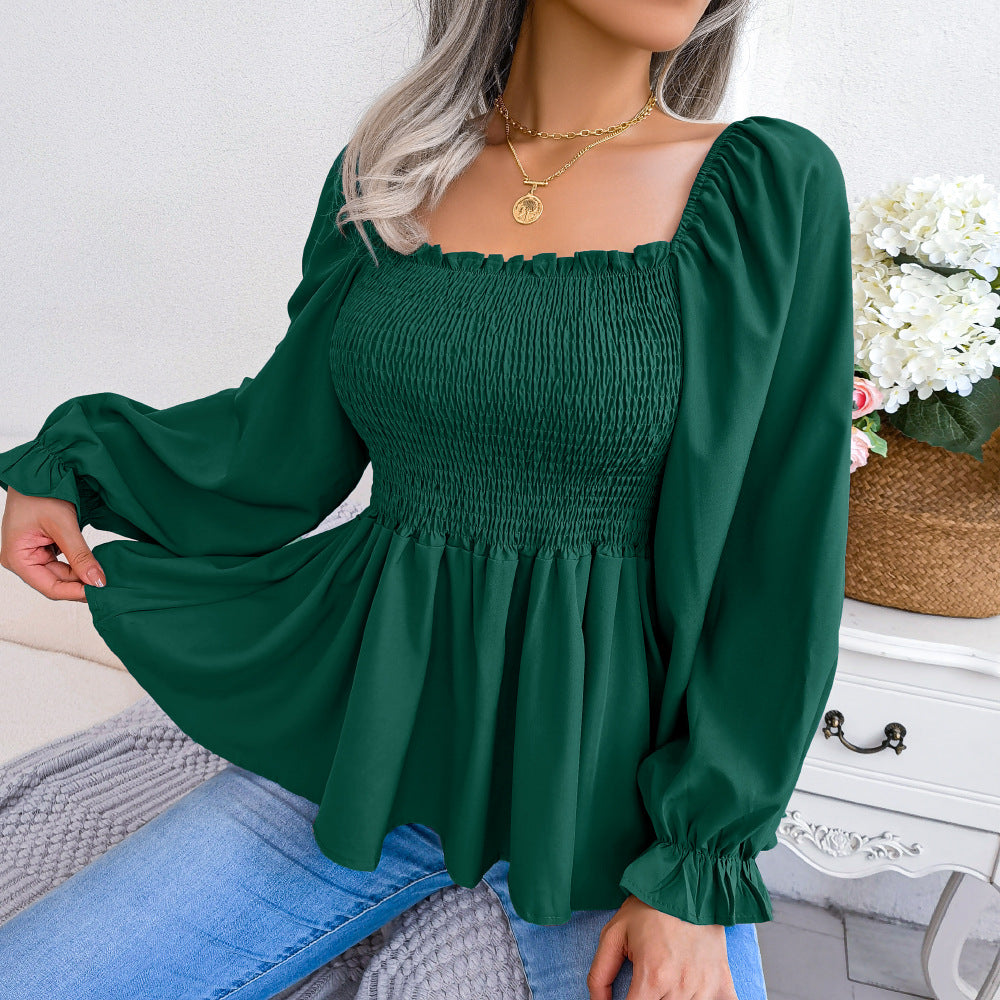 Women's Casual Ruffle-trimmed Square-neck Long-sleeve Top