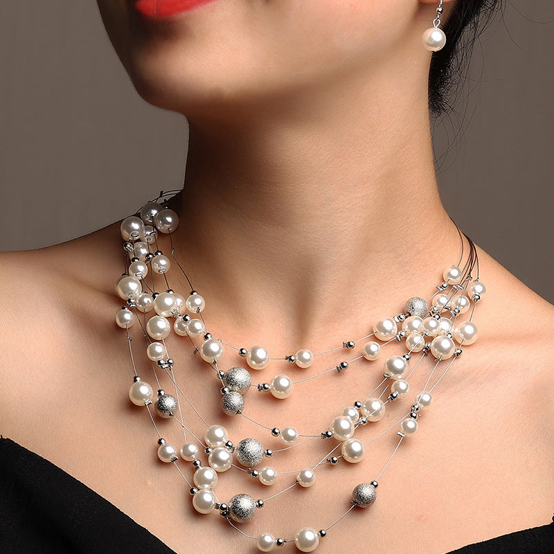 Multilayer pearl necklace pendant and pearl earrings