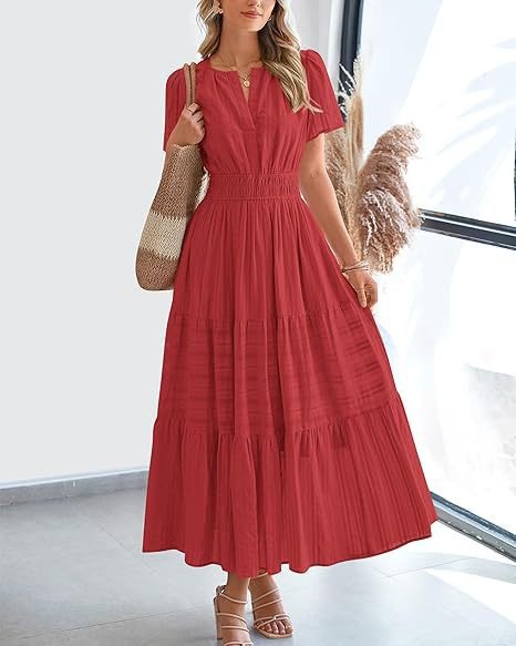 V neck Puff Sleeve Maxi Dress For Women