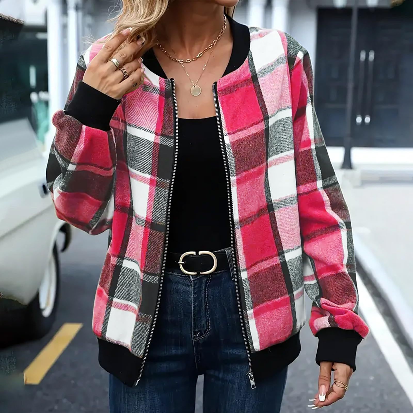 Autumn-Winter Plaid Zip-Up Baseball Jacket