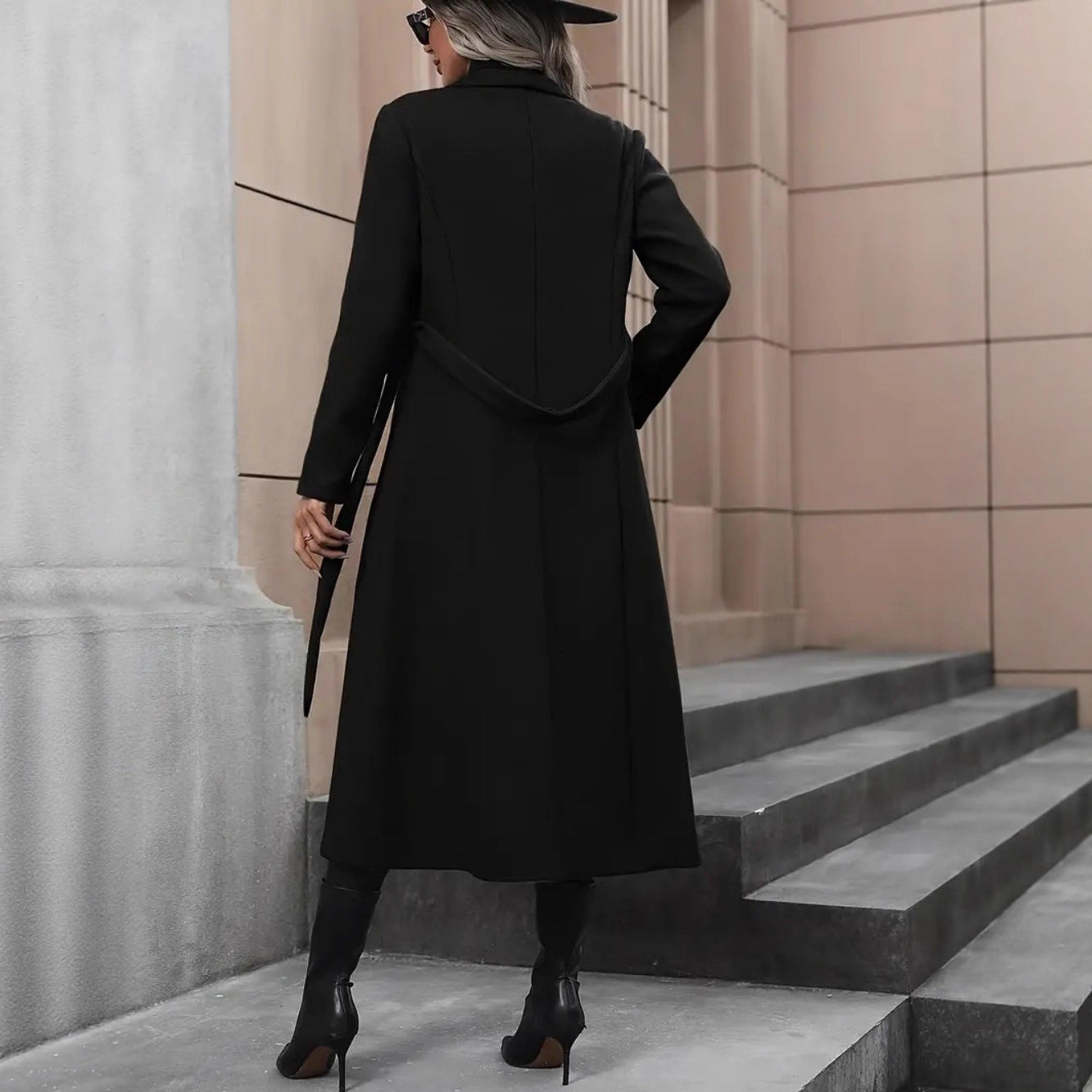 Women's Black Minimalist Belted Coat