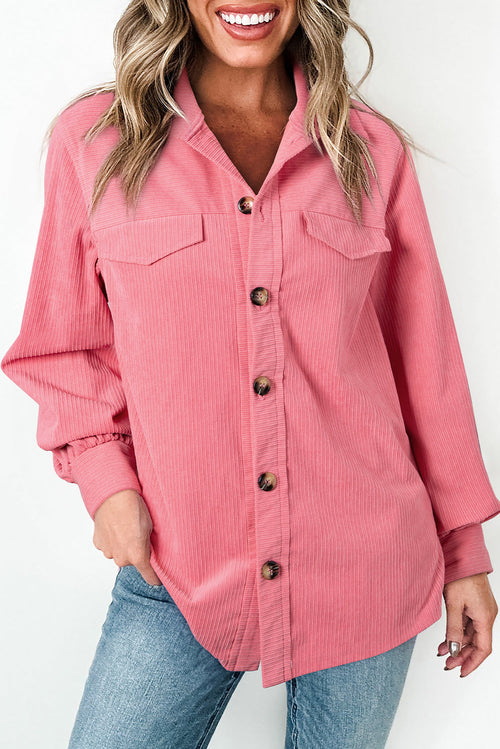 Pink Button-Up Blouse, Shirt with Flap Detail and Side Splits