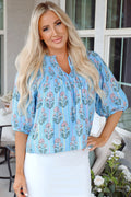 Blue Floral V Neck Blouse