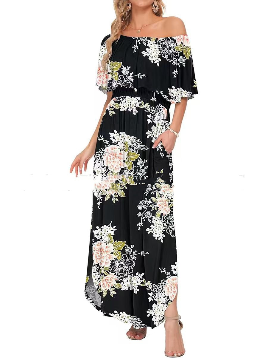 Printed Off-shoulder Short-sleeve Maxi Dress
