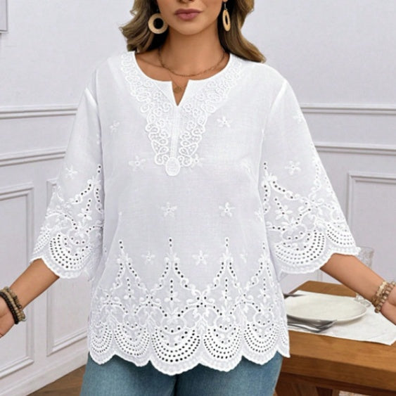 Elegant Embroidered Flared-Sleeve Lace Top Chiffon Blouse