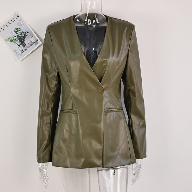 Fashionable Elegant Green V-neck Faux Leather Jacket