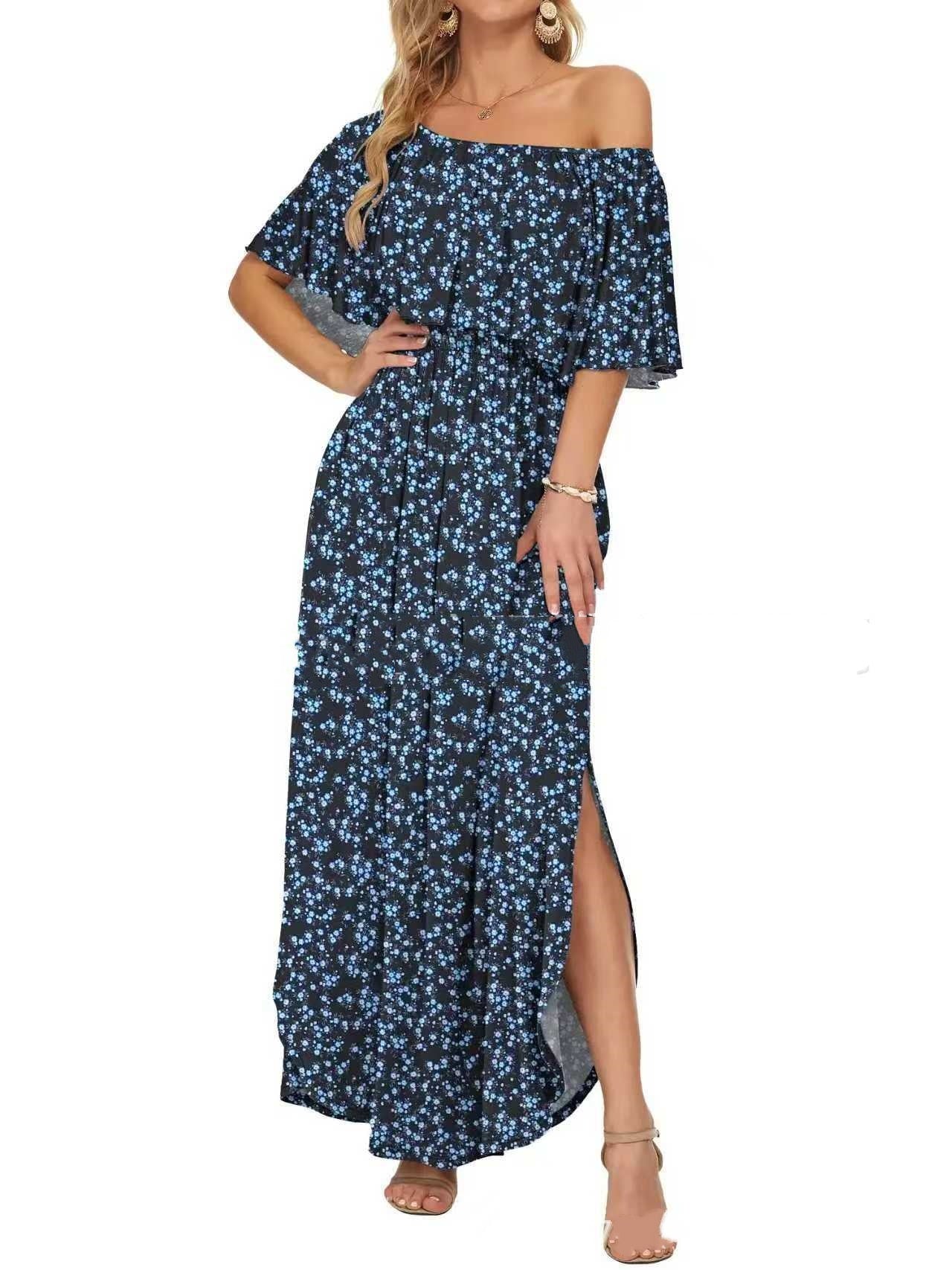 Printed Off-shoulder Short-sleeve Maxi Dress