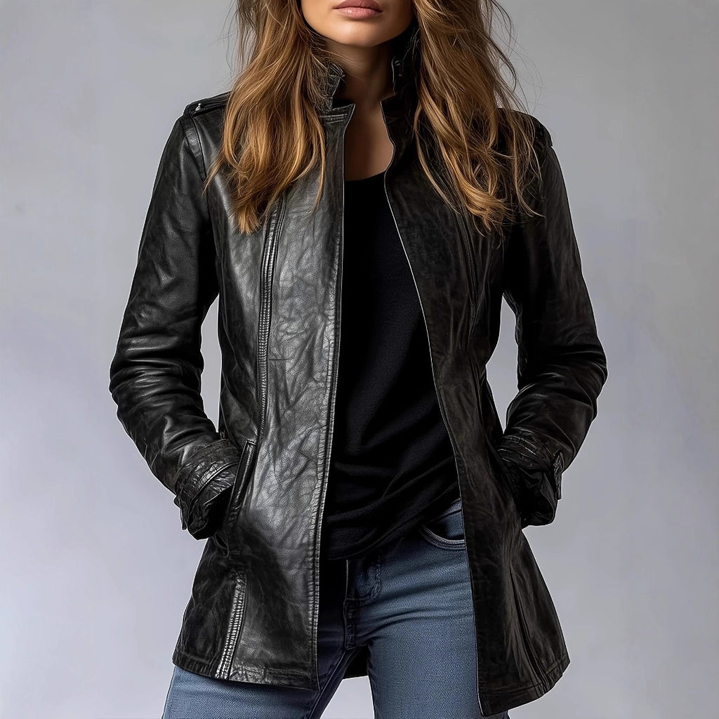 Women's Stand Collar Long Sleeve Distressed Fashion Leather Jacket