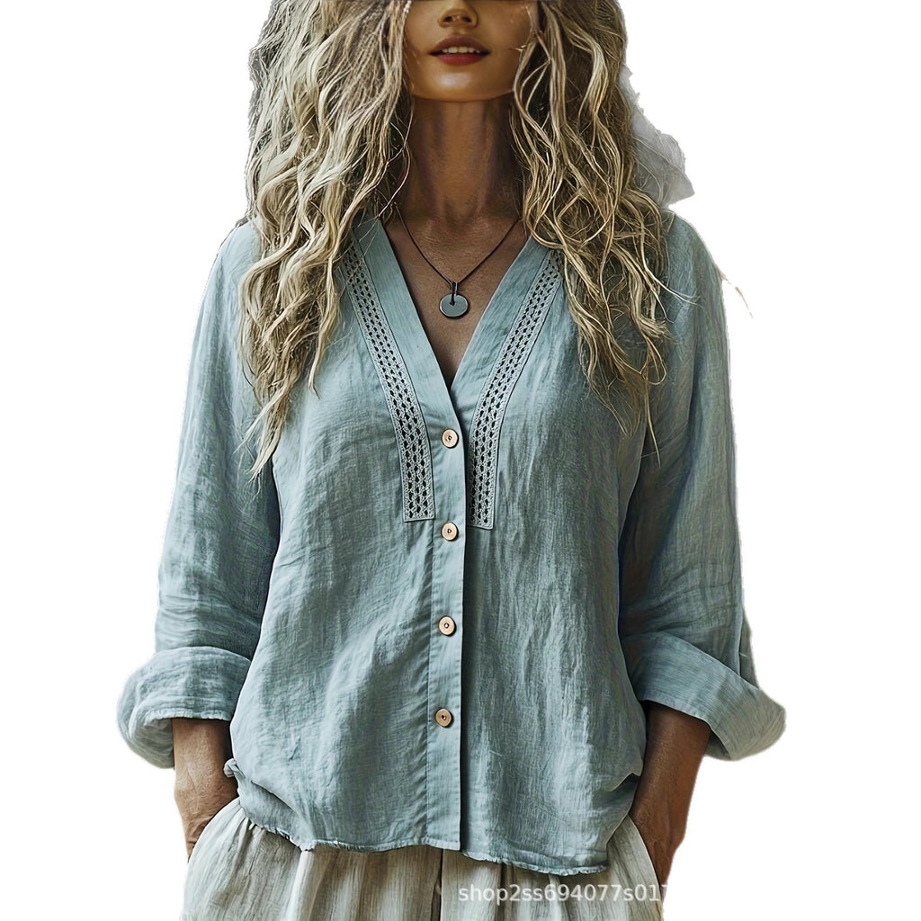 Women's V-Neck Linen Loose-Fit Long-Sleeve Shirt