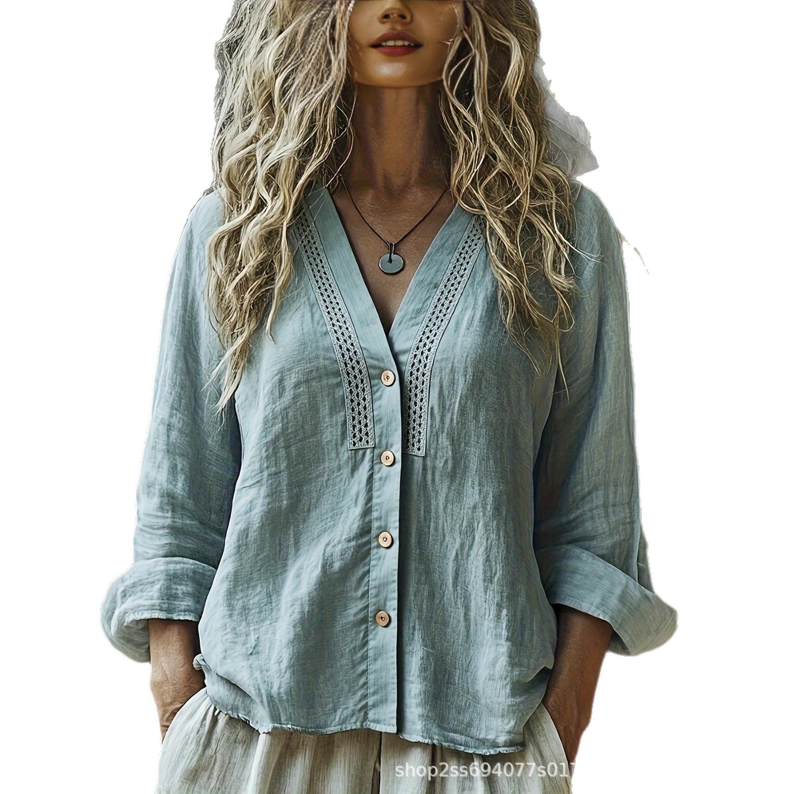 Women's V-Neck Linen Loose-Fit Long-Sleeve Shirt