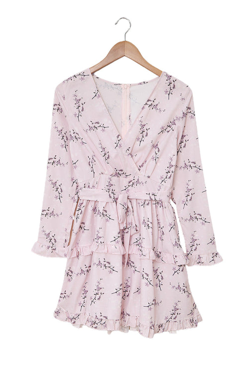 Pink, Floral Print, Wrap, Romantic & Sweet Mini Dress