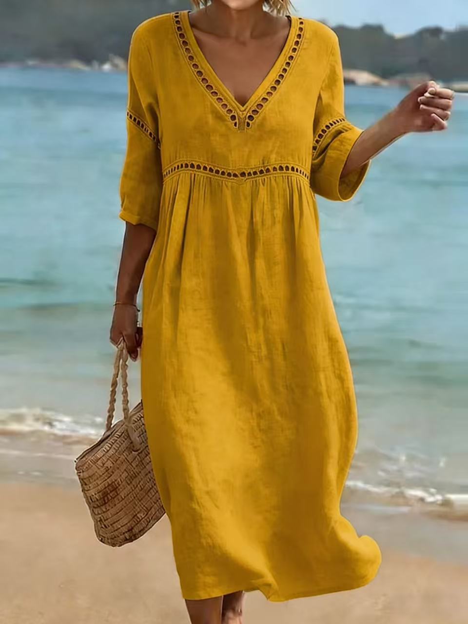 Elegant Casual V-Neck Solid Color Mid-Sleeve Womens Dress