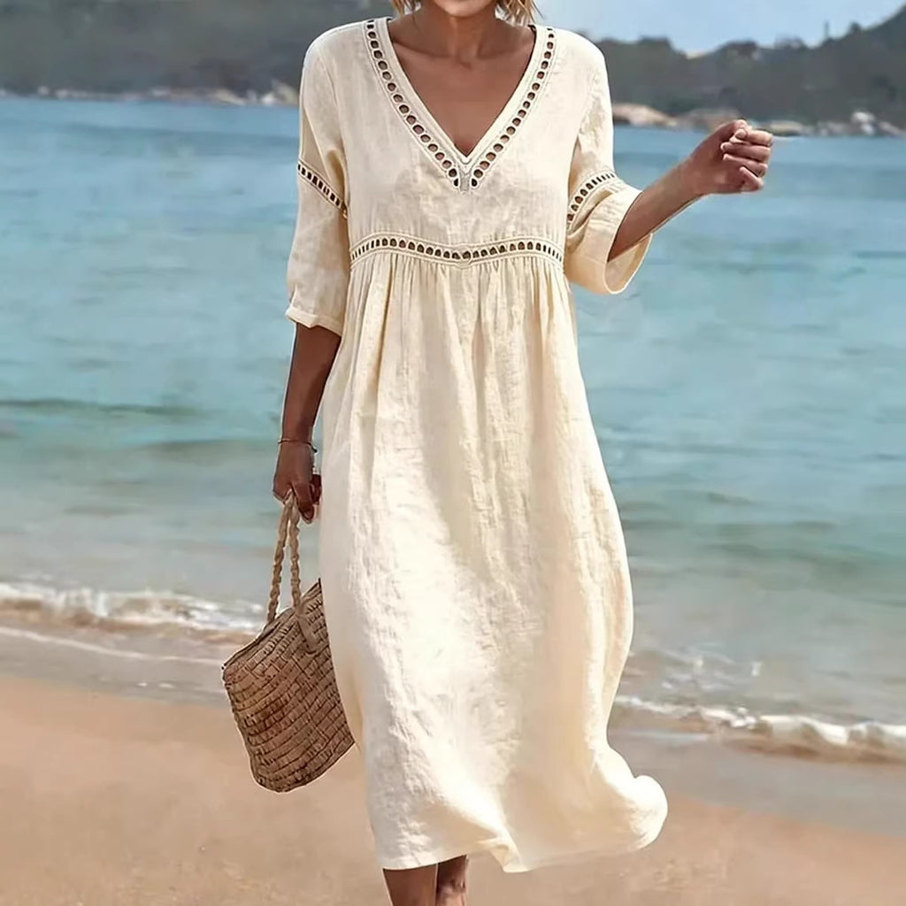 Elegant Casual V-Neck Solid Color Mid-Sleeve Womens Dress