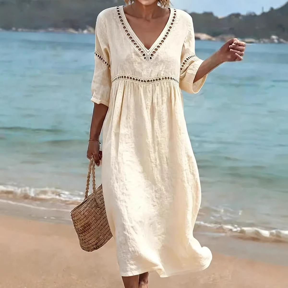 Elegant Casual V-Neck Solid Color Mid-Sleeve Womens Dress