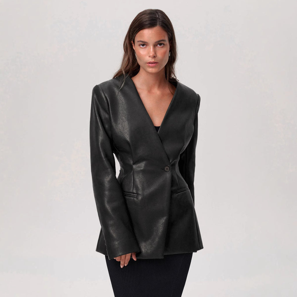 Fashionable Elegant Green V-neck Faux Leather Jacket
