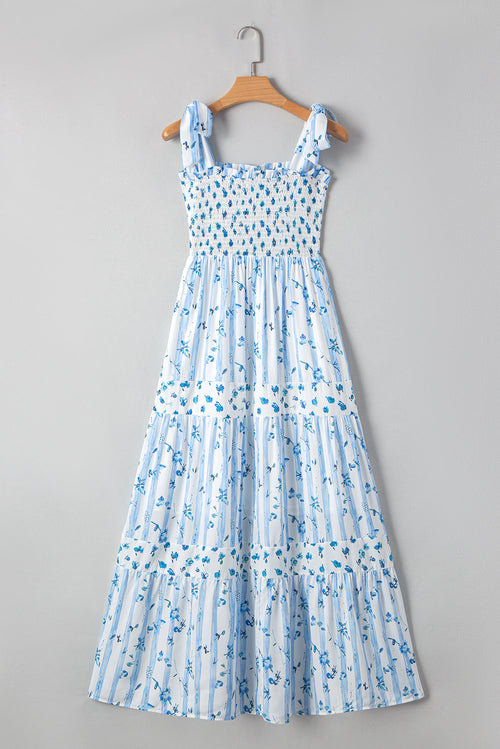 Floral Smocked Tied Strap Tiered Maxi Dress
