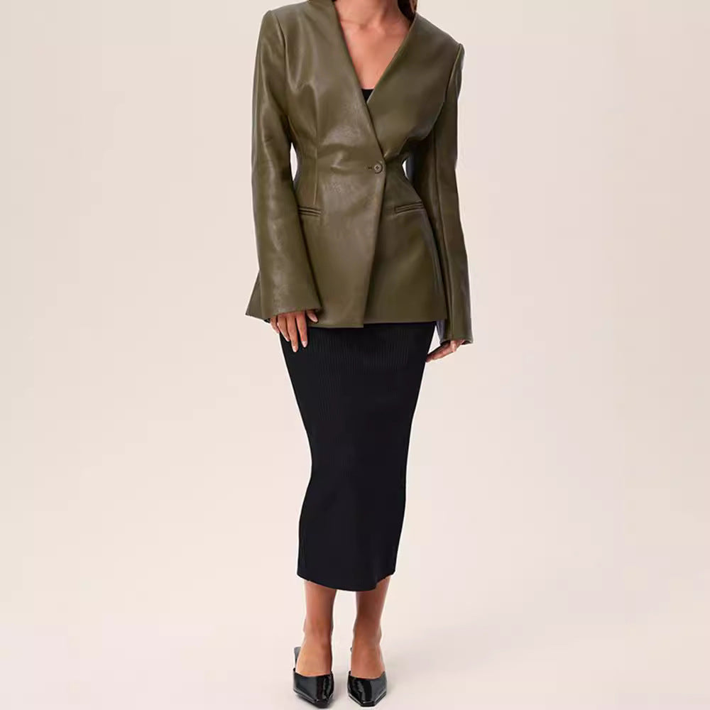 Fashionable Elegant Green V-neck Faux Leather Jacket