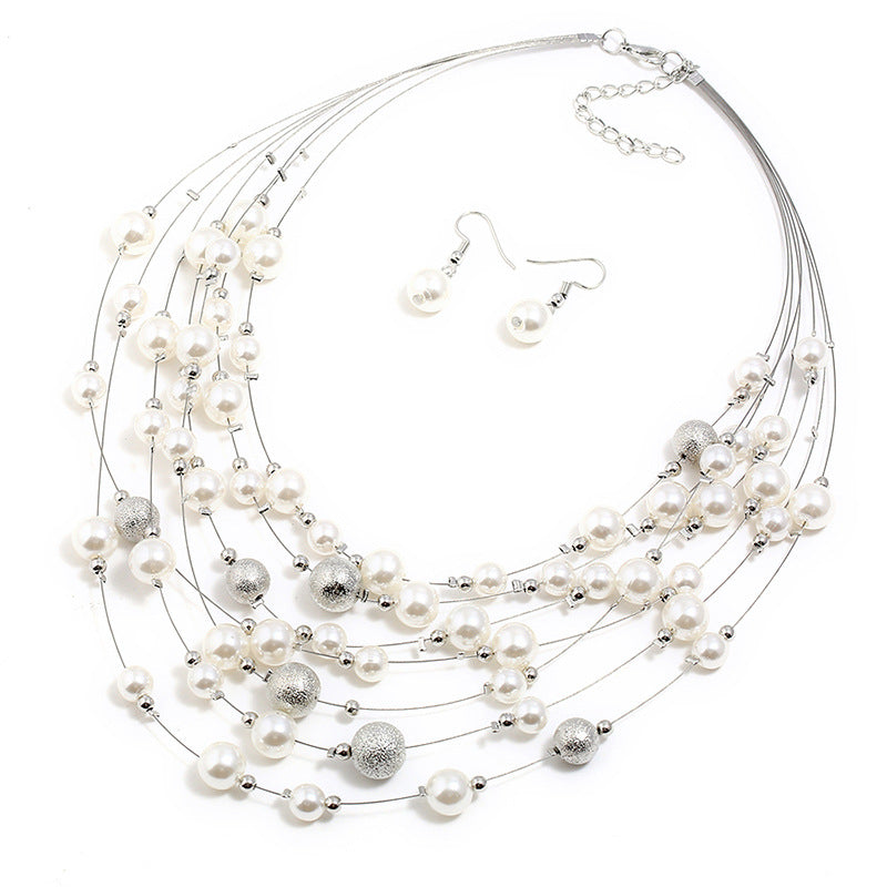 Multilayer pearl necklace pendant and pearl earrings