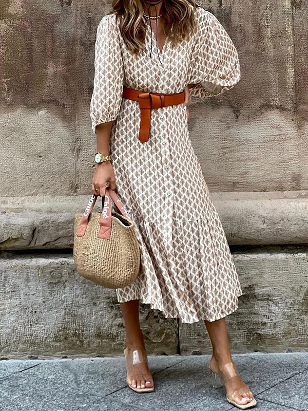 Women's Fashion V-neck Puff Sleeve Dress