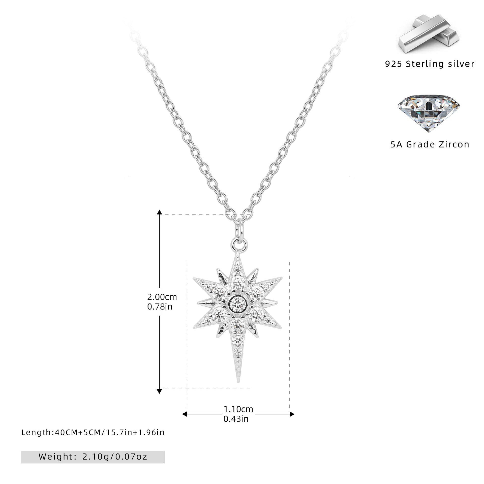 S925 Sterling Silver Inlaid Stone Eight-pointed Stars Pendant Necklace