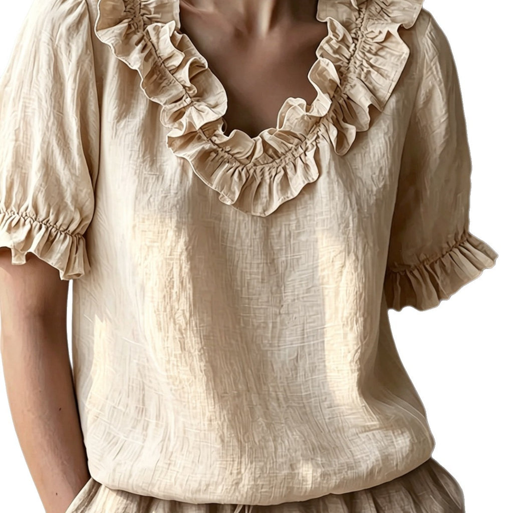 Women's Solid-Colour Fashionable Casual Ruffle-Trimmed Crew-Neck Blouse