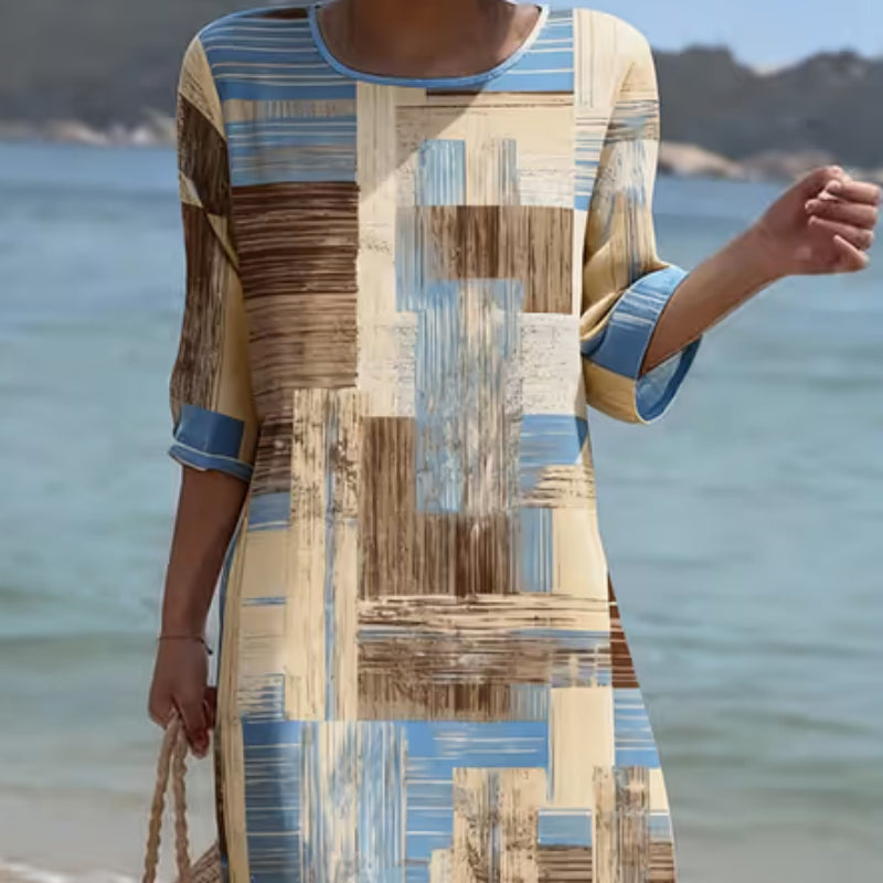 Women's Casual Round Neck Mid Sleeve Print Cotton And Linen Dress
