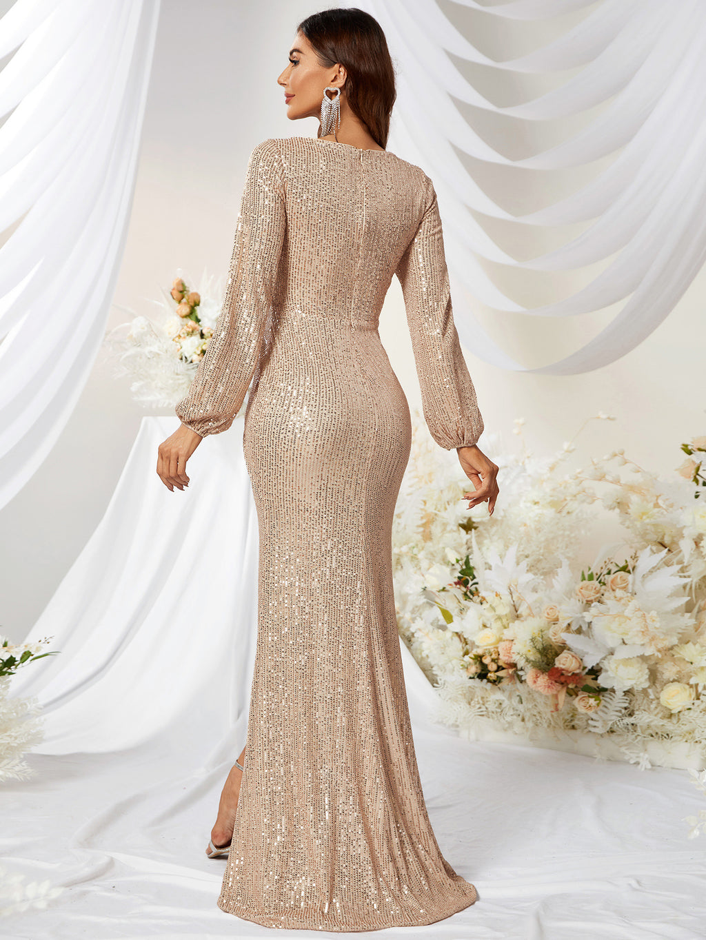Sequined V-neck Long Sleeve High Slit Evening Dress