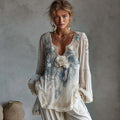 Women's Floral Print V-Neck Long Sleeve Blouse