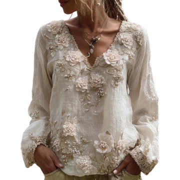 Women's Floral Print V-Neck Long Sleeve Blouse