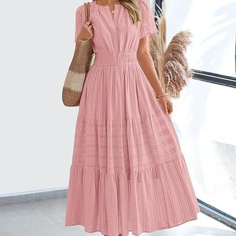 V neck Puff Sleeve Maxi Dress For Women