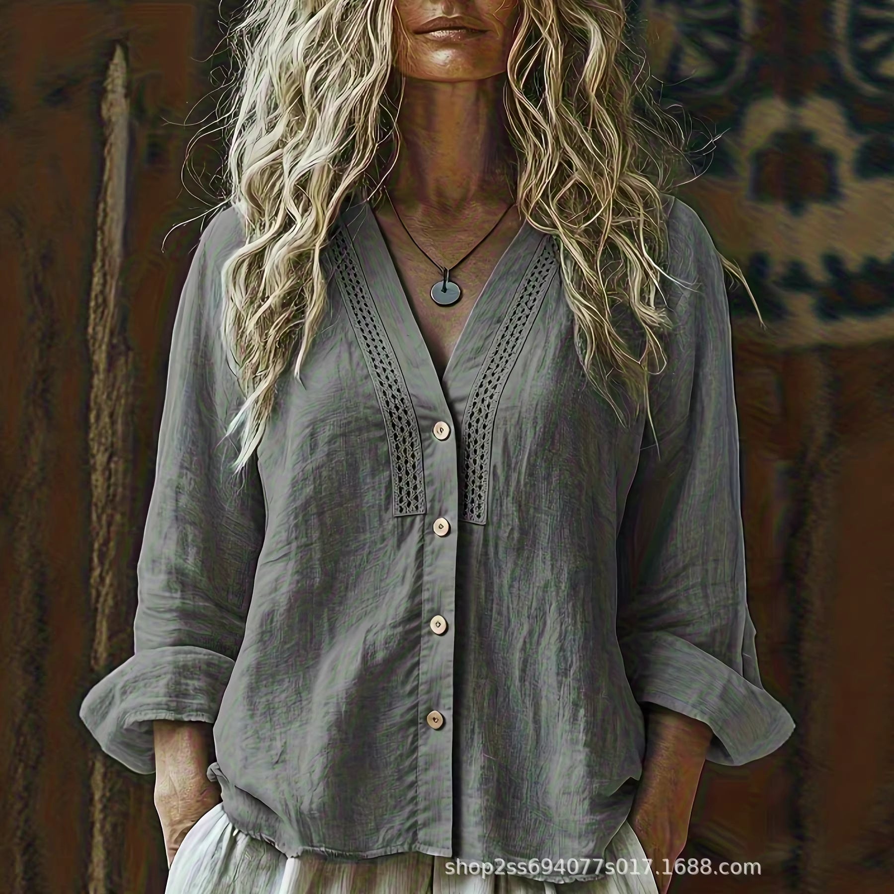 Women's V-Neck Linen Loose-Fit Long-Sleeve Shirt
