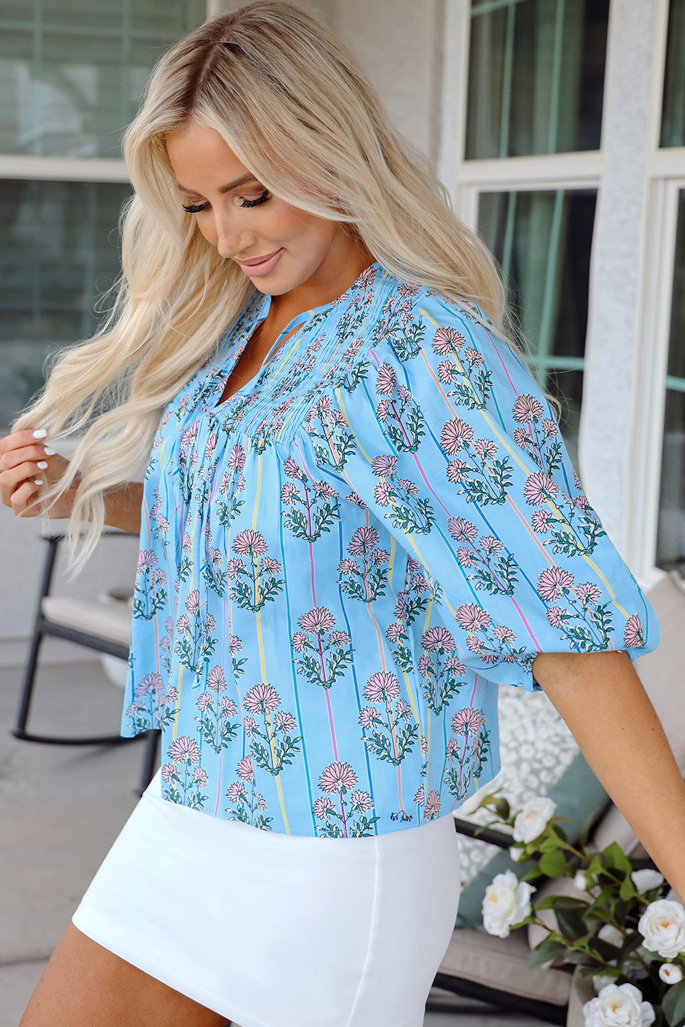 Blue Floral V Neck Blouse