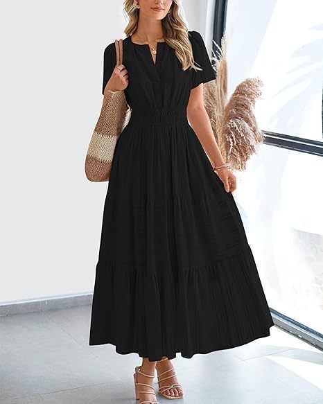 V neck Puff Sleeve Maxi Dress For Women