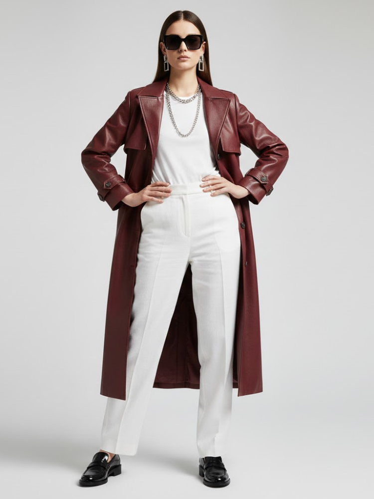 Burgundy Vegan Leather Long Trench Coat - BED-STUY: New Collection COUTURE in BROOKLYN - BYMANYC ® New York