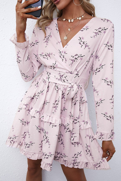 Pink, Floral Print, Wrap, Romantic & Sweet Mini Dress