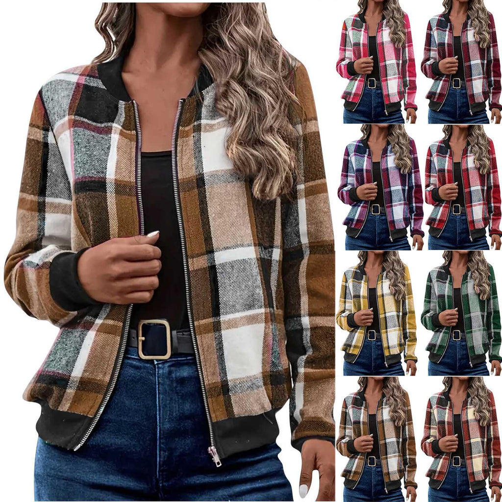 Autumn-Winter Plaid Zip-Up Baseball Jacket